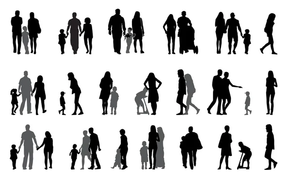 Parents and children with pram Silhouette Vector Illustration — Stock Vector