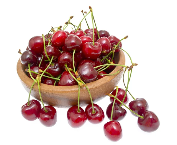 Cherry in wooden bowl isolated on white background — Stock Photo, Image