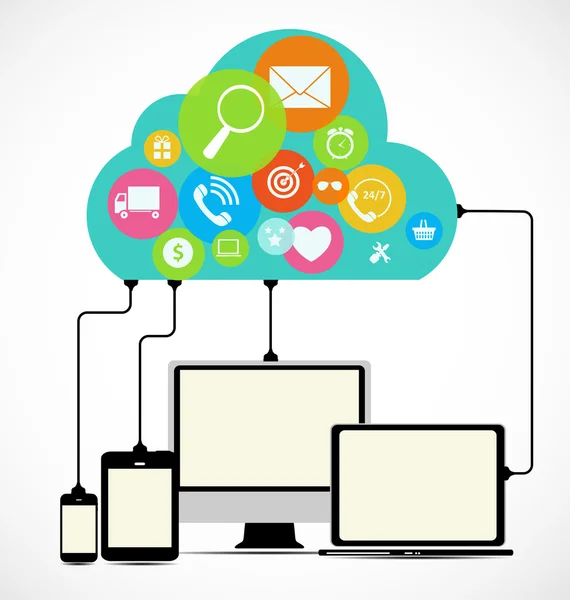 Cloud Computing Concept on Different Electronic Devices. Vector — Stock Vector