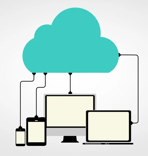 Concepto de computación en nube en diferentes dispositivos electrónicos. Vector — Vector de stock