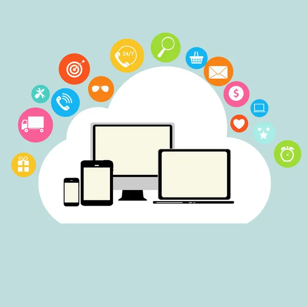 Cloud Computing Concept on Different Electronic Devices. Vector — Stock Vector