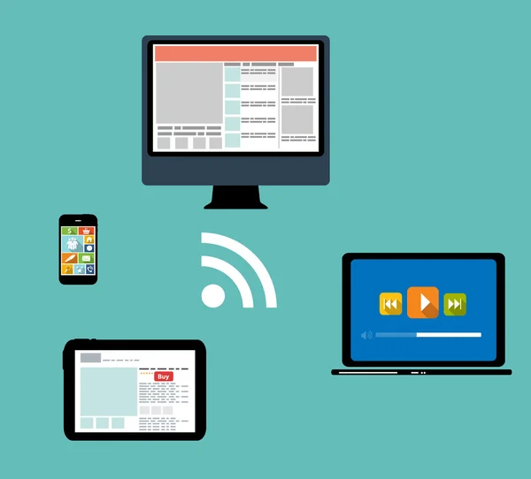 Concepto de computación en nube en diferentes dispositivos electrónicos. Vector — Archivo Imágenes Vectoriales