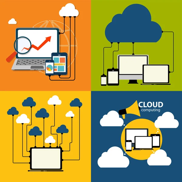 Concepto de computación en nube en diferentes dispositivos electrónicos. Vector — Archivo Imágenes Vectoriales