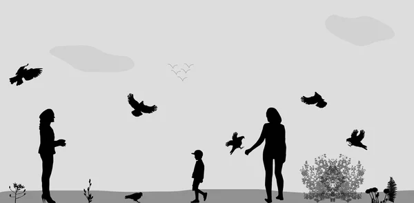 Familjen i parken mata fåglar. vektor illustration. — Stock vektor