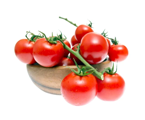 The Branch of Cherry Tomatoes in a Wooden Bowl — Stock Photo, Image