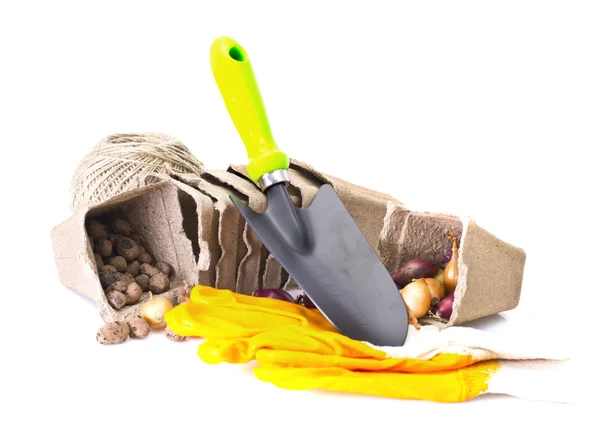 Planting Flowers, Pot, Shovel, Gloves, Seed Isolated on White — Stock Photo, Image