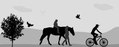 parkta bir at ve bisiklet üzerinde yürüyen insanlar. vektör illust