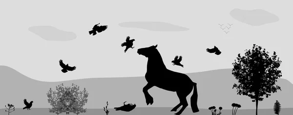 Lucha contra caballos y aves en la naturaleza. Ilustración vectorial . — Vector de stock