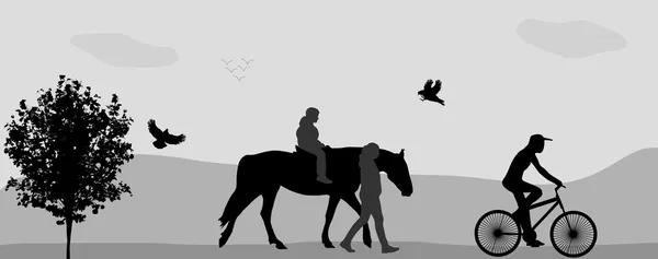 Lidí, kteří jdou v parku na koních a kolech. vektorové ilustrace — Stockový vektor