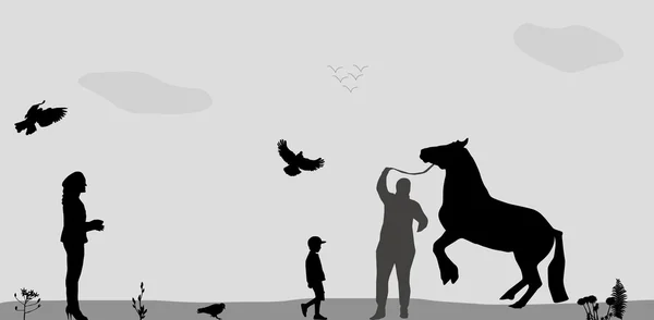 La gente sigue caminando, Connie, los pájaros vuelan en la naturaleza. Ilustración vectorial — Archivo Imágenes Vectoriales