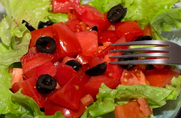 美味沙拉配番茄、 橄榄、 辣椒. — 图库照片