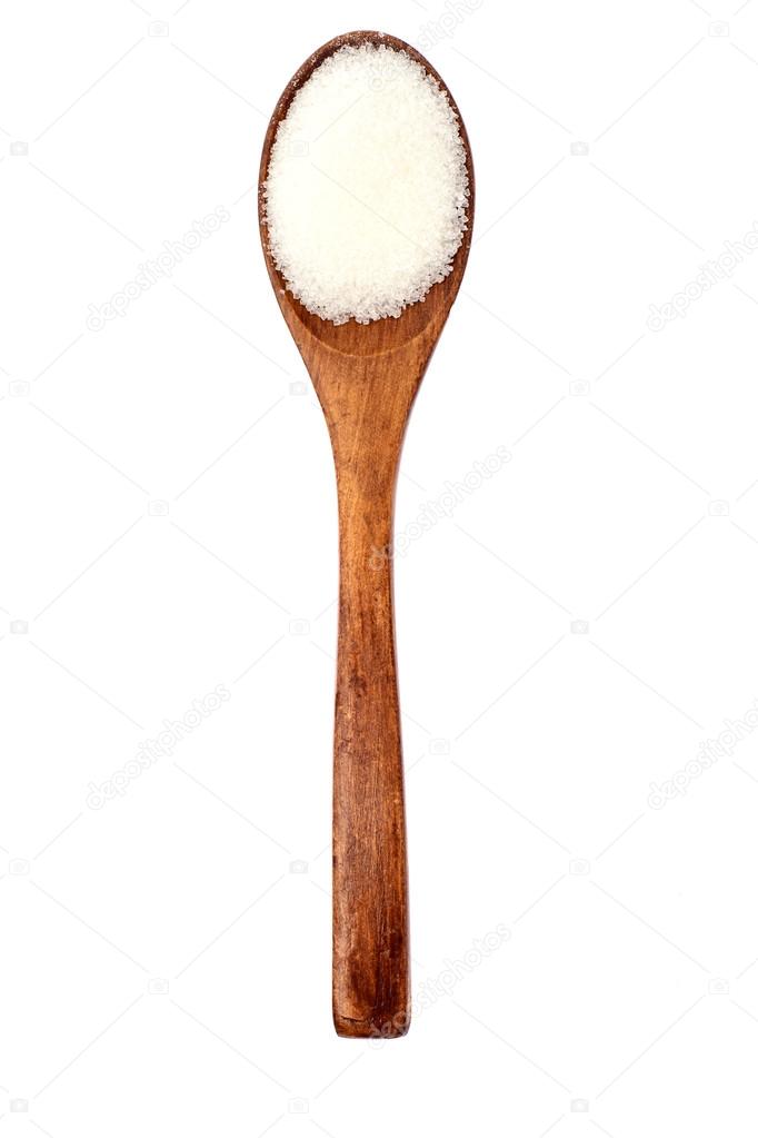 Sugar in Wooden Spoon Isolated on White Background