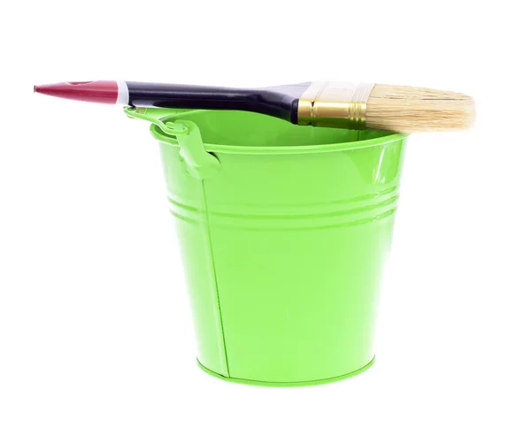 Paint Brush with Green Bucket Isolated on White Background — Stock Photo, Image