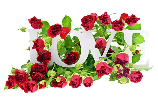 Rose with LOVE Word Isolated on White Background — Stock Photo, Image