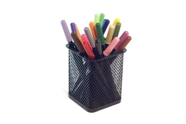 Small Felt tip Marker Pens in a desk organizer for school, home, office, arts, crafts, back to school projects with isolated background — Stock Photo, Image