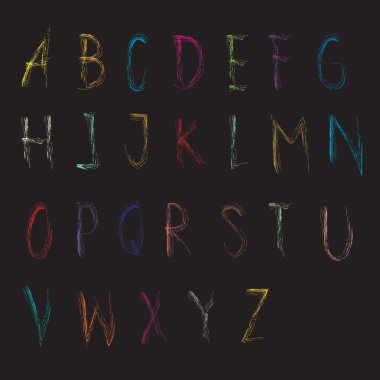Alphabet font colouful Crayon black background, Lettrs A - z clipart