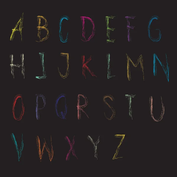 Alphabet-Schrift Buntstift auf schwarzem Hintergrund, Buchstaben A - z — Stockvektor