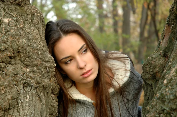 Jovem mulher espreitando entre duas árvores — Fotografia de Stock