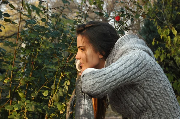 Young woman leaning chin on old wooden fence — Stock Photo, Image