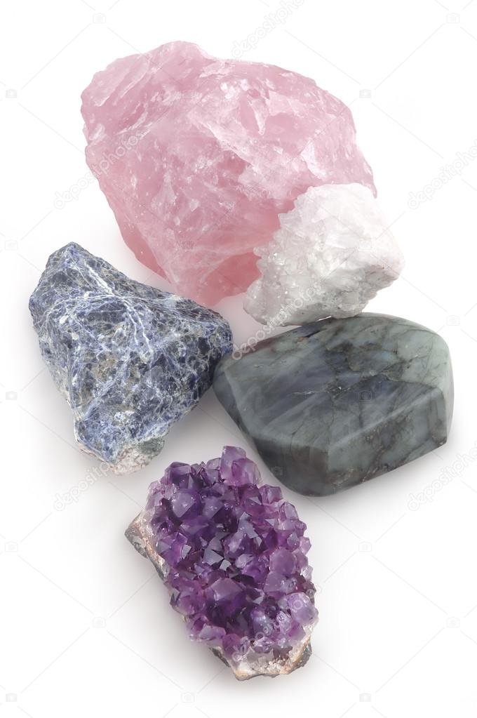 Top view of five big gemstones (crystals)