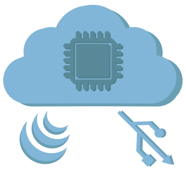 Cloud computing segno con chip nel cloud diffonde segnali wi-fi un — Vettoriale Stock