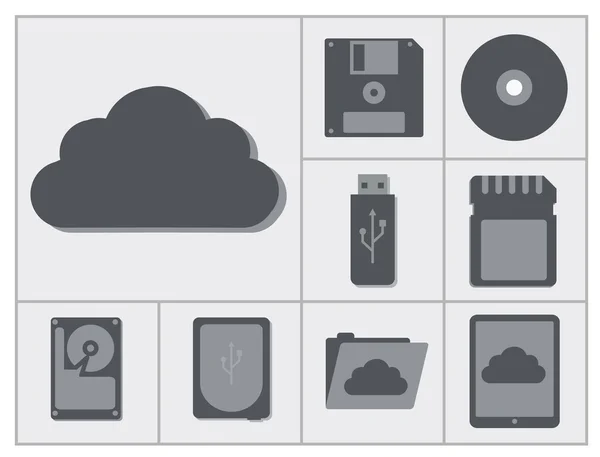 Colección vectorial de diferentes dispositivos de almacenamiento, de disco compacto — Vector de stock