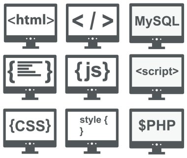 vektör web geliştirme simgeler koleksiyonu: html, css, etiket, mysq