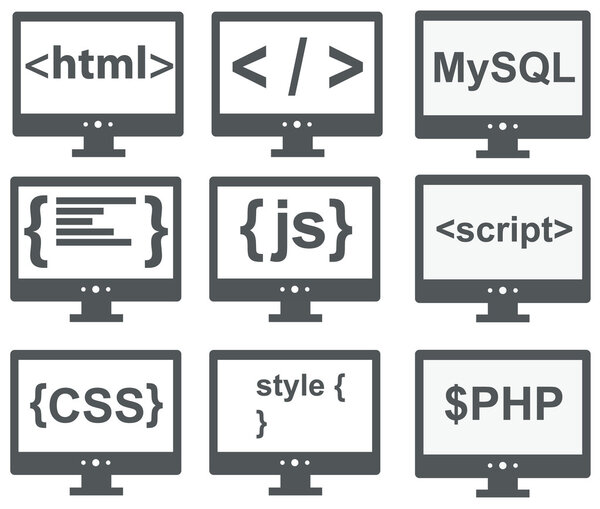 vector collection of web development icons: html, css, tag, mysq