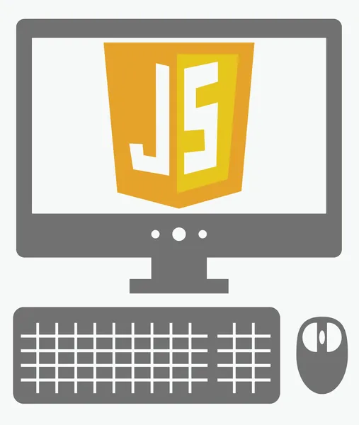 Vector icon of personal computer with javascript shield on the s — Stock Vector