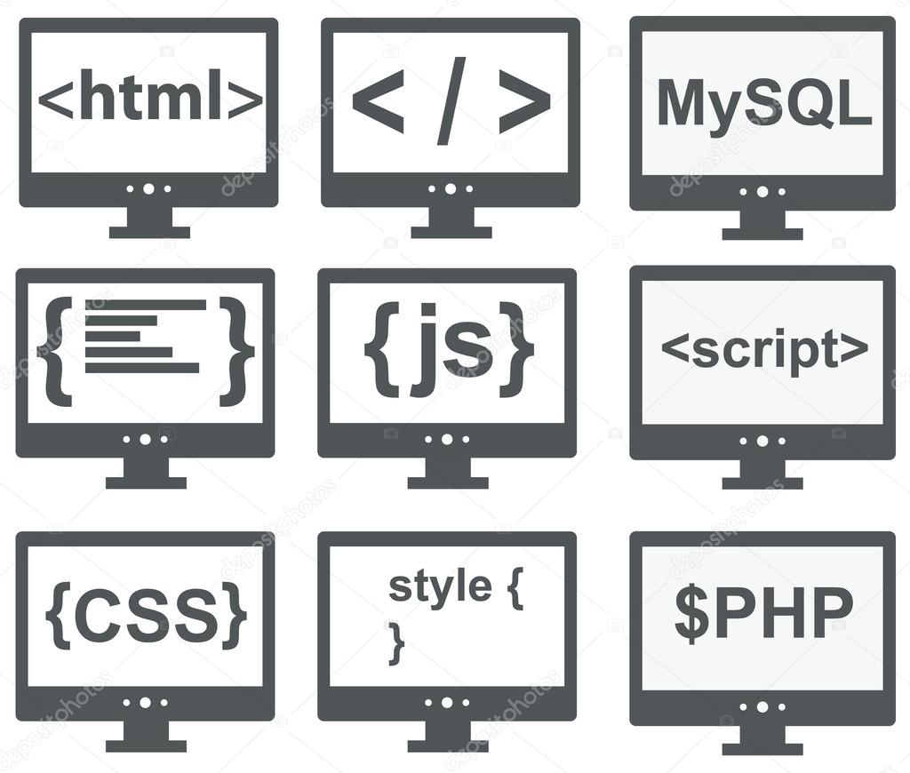 vector collection of web development icons: html, css, tag, mysq