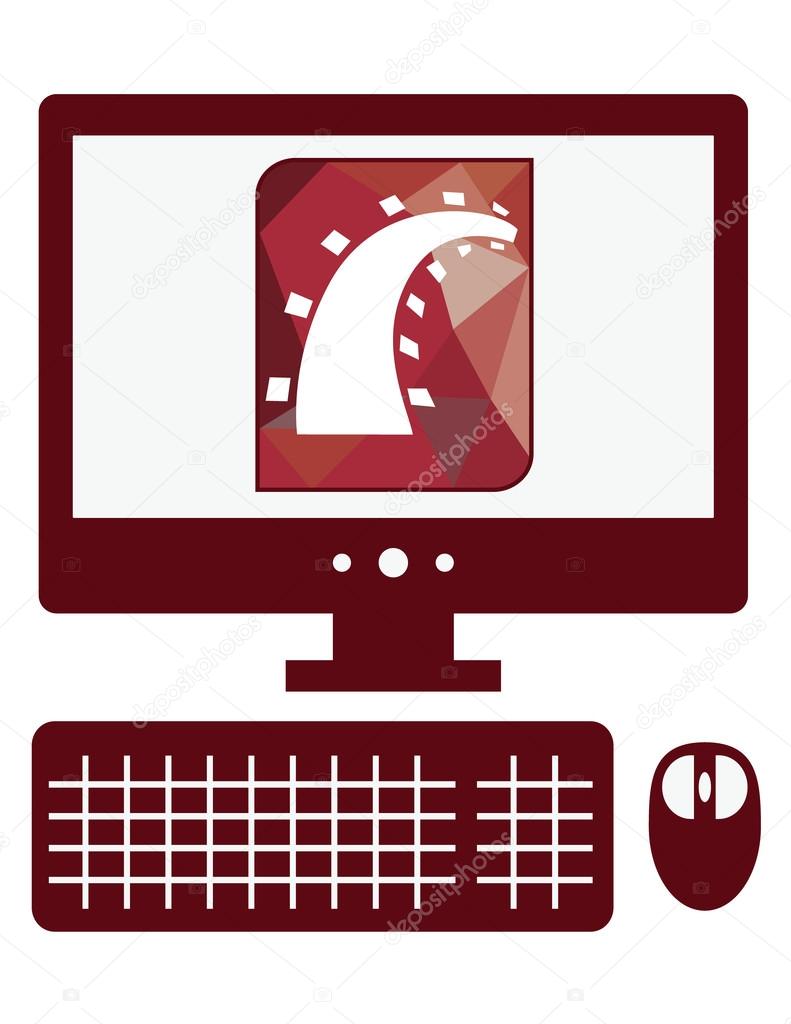 vector icon of personal computer with ruby on rails sign on the