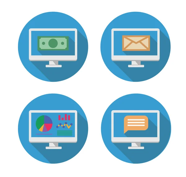 Four vector icons of personal computer screen: money, email, inf — Stock Vector