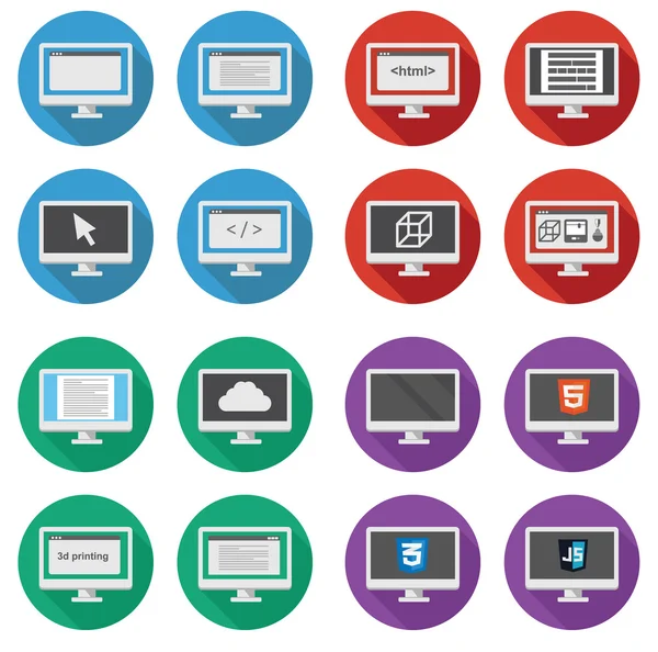 Vector collection of  web development round icons: screen of per — Stock Vector