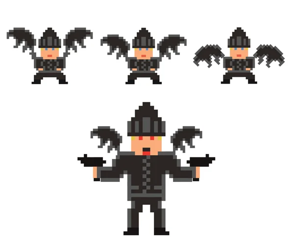 Pixel art set of evil flying person in black clothses and hat, w — Stock Vector