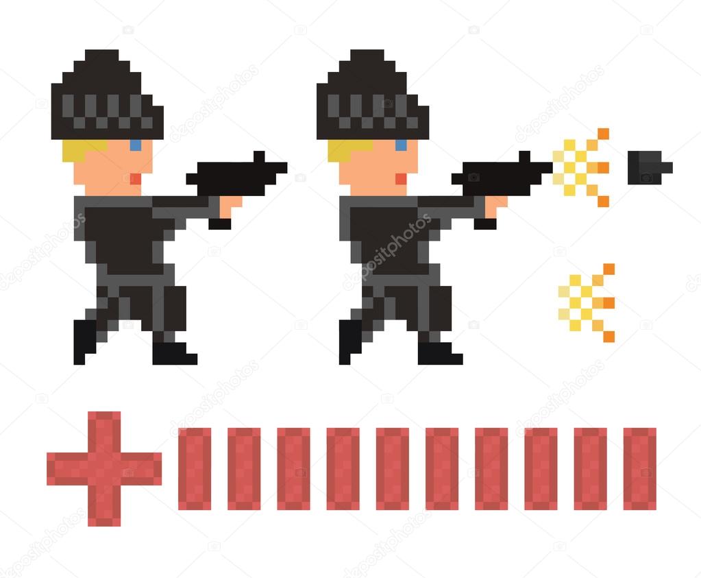 pixel art set of bandit in black clothes and hat shooting  gun a