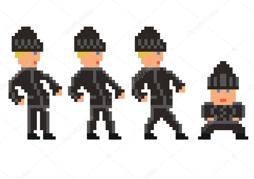 pixel art set of bandit in black clothes walking sprite, four fr