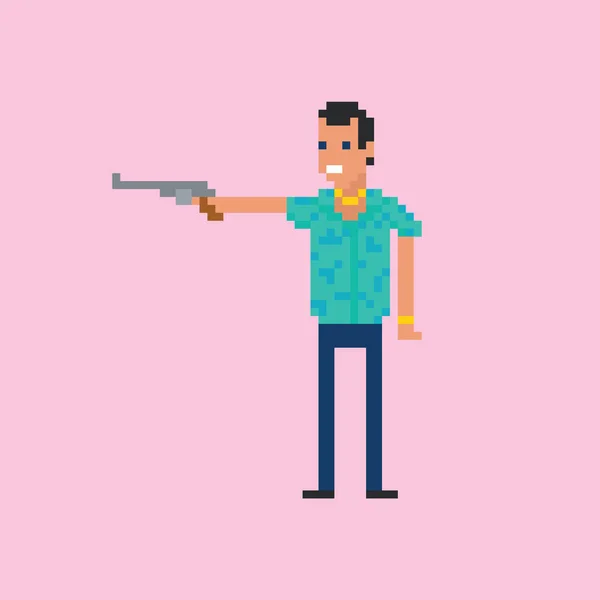 Personaje criminal gángster. Hombre apuntando revólver con camisa hawaiana, personaje artístico de 8 bits. Mafia, gángster thug tema retro. — Vector de stock