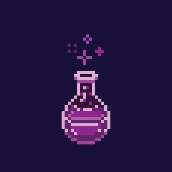 Пиксельное искусство зелье игристый фиолетовый яд бутылку, игровой дизайн ретро 8 бит спрайт актива изолированы — стоковый вектор