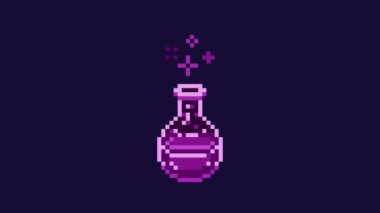Piksel sanat iksiri ışıltılı mor zehir şişesi, oyun tasarımı retro 8 bit video varlığı koyu mavi ve krom anahtar yeşil ekran arkaplan