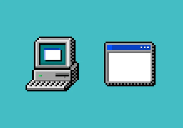 Pixel art retro computer monitor with keyboard and opened application and program window terminal, icon asset on blue background — стоковый вектор