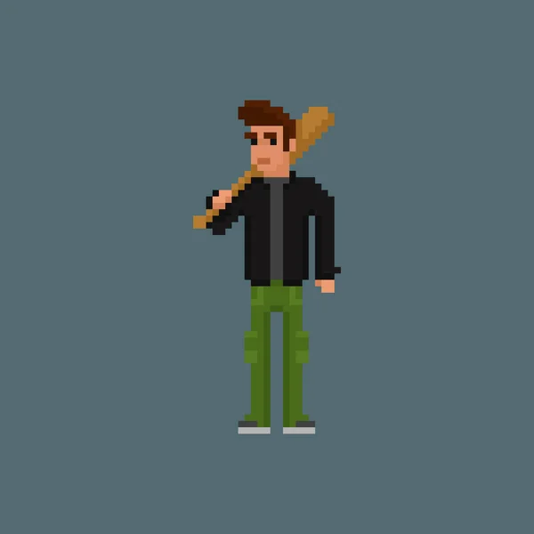 Gangster-Charakter. Mann mit einer Fledermaus in schwarzer Lederjacke und Cargohose, 8-Bit-Pixel-Kunstfigur. Mafia, Gangster-Gangster-Retro-Thema, Vektorillustration. — Stockvektor