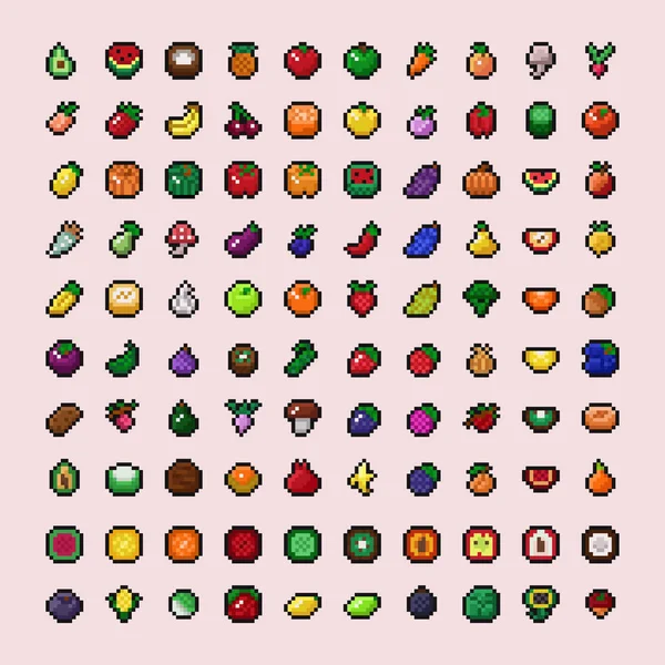Conjunto de ilustrações de ícones de pixel vetorial frutas, vegetais, cogumelos, nozes 8 bits retro estilo textura de ativo do jogo com contorno preto — Vetor de Stock