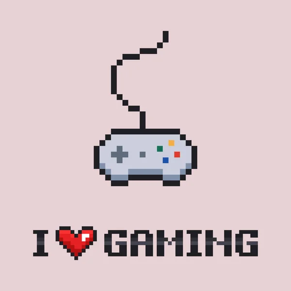 Pixel ilustración de vectores de arte - 8 bit gamepad gris con alambre y me encanta el icono del corazón del juego en el fondo claro — Vector de stock