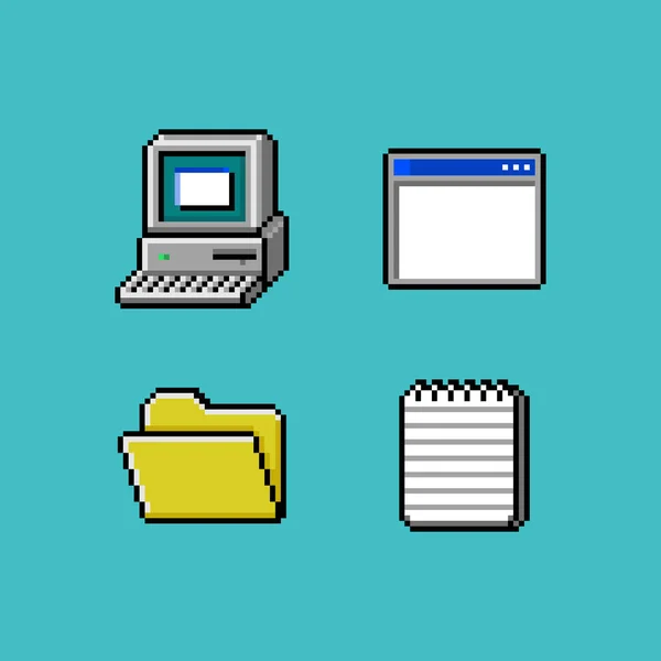 Pixel vectoriel art rétro moniteur d'ordinateur avec clavier, fenêtre d'application ouverte, dossier de répertoire et raccourci de programme de fichier texte bloc-notes, actif icône 8 bits sur fond bleu — Image vectorielle