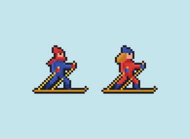 Piksel sanat vektörü 8 bit illüstrasyon - açık mavi arka planda kayak yapan spor ceketli kadın ve erkek