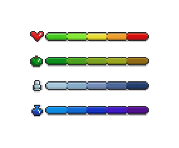 Set di barre di progresso per lo sviluppo di giochi d'arte pixel vettoriali cuore di salute, energia del cibo di mele, munizioni arma proiettile, punti magici mana pozione, set di design piatto. Gioco arcade retrò 8 bit asset su sfondo bianco Grafiche Vettoriali