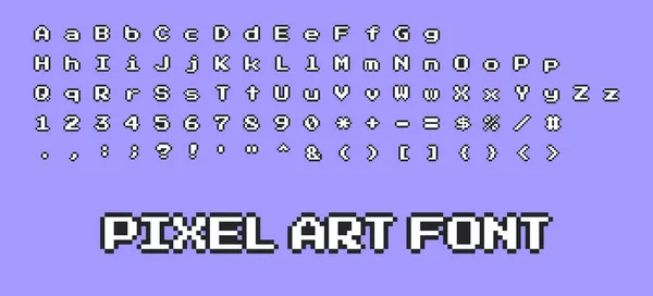 Vettore pixel art 8 bit style abc alfabeto maiuscolo maiuscolo, minuscolo, numeri, simboli speciali lettera carattere set, bianco con contorno nero Illustrazioni Stock Royalty Free