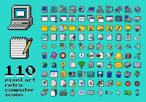 Retro computer interface elements set. Old PC UI icon assets for computer, folder, notepad text document, media laser compact disc, folder, battery, storage, media. 110 isolated items — стоковый вектор