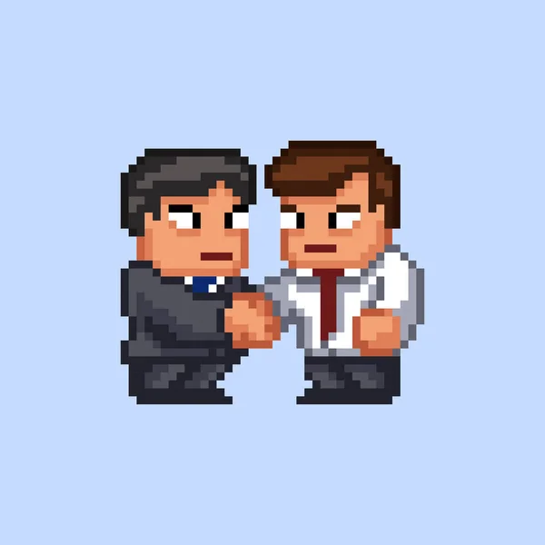 Pixel art vector retro 8 bit illustration - two cartoon male businessmen characters wearing office suits and ties shaking hands on blue background — Stock Vector