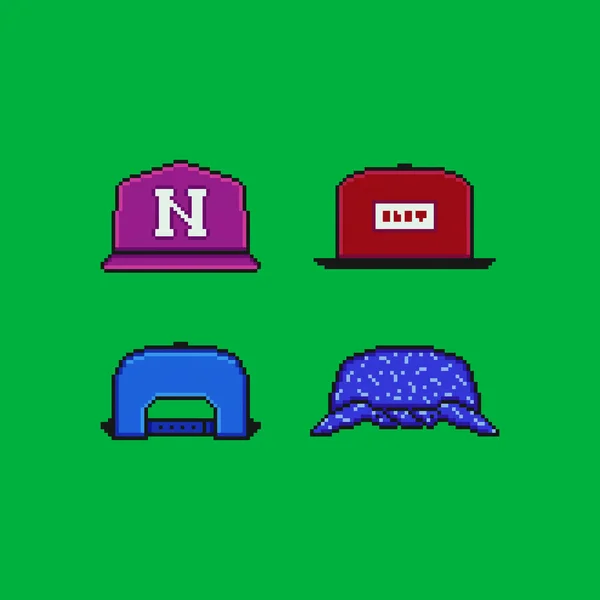 Pixel Arte Vector Ilustración Icono Conjunto Gorra Béisbol Delantera Trasera — Vector de stock